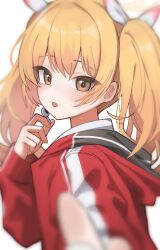 Rule 34 | 1girl, absurdres, blonde hair, blue archive, blush, brown eyes, halo, highres, jacket, long hair, long sleeves, momocadraw, open mouth, red jacket, simple background, solo, track jacket, twintails, upper body, white background, yellow halo, yoshimi (blue archive)