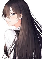 Rule 34 | 1girl, absurdres, black vest, brown hair, commentary request, from behind, grey eyes, hair between eyes, highres, hiratsuka shizuka, long hair, looking to the side, parted lips, primamiya, shirt, simple background, solo, vest, white background, white shirt, yahari ore no seishun lovecome wa machigatteiru.