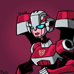 Rule 34 | 1girl, alien, arcee, autobot, blue eyes, breasts, humanoid robot, medium breasts, ramses76x, red background, red lips, robot, simple background, solo, transformers, transformers animated