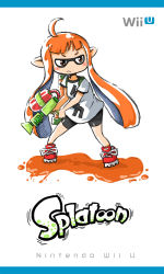 Rule 34 | 1girl, ahoge, blush stickers, brown eyes, cover, fake cover, game console, gotthi, highres, ink tank (splatoon), inkling, inkling girl, inkling player character, monster girl, nintendo, orange hair, pointy ears, shirt, shoes, sneakers, solo, splatoon (series), splatoon 1, splattershot (splatoon), super soaker, t-shirt, tentacle hair, twintails, video game cover, water gun, wii u