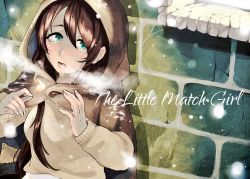Rule 34 | 1girl, bad id, bad twitter id, blue eyes, blush, breath, brick wall, brown hair, cloak, commentary request, copyright name, eyelashes, fingernails, fire, fire, highres, little match girl, long hair, looking up, matches, matches, norota, open mouth, patch, snowing, solo, sweater, tears, upper body, very long hair, windowsill