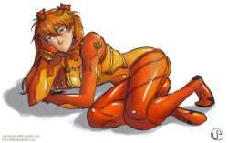 Rule 34 | 1girl, arm support, artist name, artist request, ass, blue eyes, bodysuit, breasts, brown hair, covered navel, evangelion: 2.0 you can (not) advance, full body, hair ornament, interface headset, legs together, long hair, looking to the side, medium breasts, neon genesis evangelion, orange hair, plugsuit, rebuild of evangelion, red bodysuit, see-through, see-through bodysuit, shiny clothes, shiny skin, simple background, solo, souryuu asuka langley, test plugsuit, very long hair, white background, wide hips