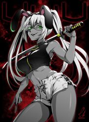 Rule 34 | 1girl, animal ears, armpits, character request, copyright request, crop top, dark-skinned female, dark skin, ebiblue, glasses, green eyes, greyscale, highres, holding, holding sword, holding weapon, katana, long hair, midriff, monochrome, navel, rabbit ears, shorts, slit pupils, smile, solo, spot color, sword, thighs, twintails, v, weapon