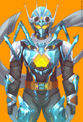 Rule 34 | 1boy, absurdres, armor, blue armor, body armor, commentary request, compound eyes, driver (kamen rider), giganticbrush, gloves, goggles, goggles on head, gotcha driver, highres, kamen rider, kamen rider gotchard, kamen rider gotchard (series), looking at viewer, male focus, orange background, rider belt, scarf, standing, steam hopper, tokusatsu, upper body, white gloves, white scarf, yellow eyes