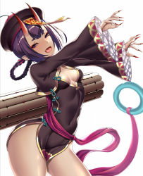 Rule 34 | 1girl, black dress, blush, braid, braided hair rings, breasts, china dress, chinese clothes, cleavage cutout, clothing cutout, covered navel, dress, eyeliner, fate/grand order, fate (series), fingernails, hair rings, hands up, hat, heroic spirit festival outfit, highres, horns, jiangshi, long sleeves, looking at viewer, makeup, nail polish, ofuda, oni, open mouth, outstretched arms, peacock feathers, pelvic curtain, pointy ears, purple eyes, purple hair, qingdai guanmao, sash, sharp fingernails, short eyebrows, short hair, shuten douji (fate), shuten douji (festival outfit) (fate), side slit, simple background, skin-covered horns, small breasts, smile, solo, takanashi-a, white background, wide sleeves, zombie pose