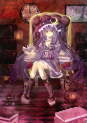 Rule 34 | 1girl, absurdres, adapted costume, blush, book, boots, breasts, checkered floor, cleavage, clock, crescent, cross-laced footwear, female focus, hat, highres, lace-up boots, long hair, magic circle, patchouli knowledge, pentagram, purple hair, sitting, solo, touhou, xe-cox, yellow eyes