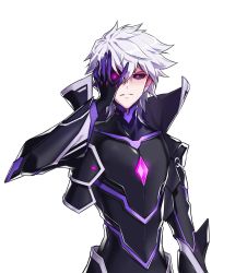 Rule 34 | 1boy, add (elsword), black sclera, bodysuit, colored sclera, cropped jacket, diabolic esper (elsword), elsword, gloves, hand on own face, highres, hwansang, male focus, messy hair, official art, popped collar, purple eyes, simple background, solo, transparent background, white hair