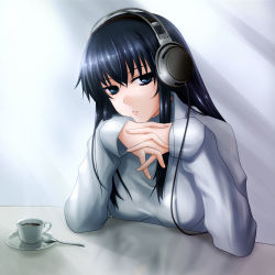Rule 34 | 1girl, black hair, blue eyes, cup, headphones, highres, interlocked fingers, long hair, own hands clasped, own hands together, parted lips, prime, solo, sweater, tea, teacup