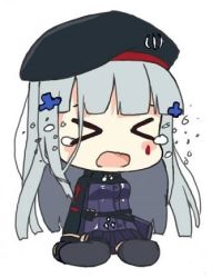 Rule 34 | &gt; &lt;, bad id, bad pixiv id, beret, chibi, crying, full body, girls&#039; frontline, grey hair, hair ornament, hat, hk416 (girls&#039; frontline), long hair, lowres, pelican (s030), simple background, sitting, solo, tears, wariza, white background