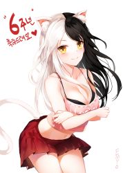 Rule 34 | 1girl, animal ears, artist name, bad id, bad twitter id, black bra, black hair, blush, bra, breasts, cat ears, cat tail, cleavage, collarbone, cowboy shot, crossed arms, emyo, floating hair, leaning forward, long hair, looking at viewer, medium breasts, midriff, miniskirt, multicolored hair, navel, original, parted bangs, pink shirt, pleated skirt, print shirt, red skirt, shirt, silver hair, simple background, skirt, sleeveless, sleeveless shirt, smile, solo, split-color hair, standing, stomach, tail, two-tone hair, underwear, very long hair, white background, yellow eyes