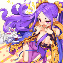 Rule 34 | 1girl, ^^^, breasts, breasts apart, chiroshiron, clothes grab, embarrassed, fate/grand order, fate (series), fou (fate), gradient background, highres, long hair, parted bangs, pelvic curtain, purple eyes, purple hair, sleeve grab, thighs, twintails, very long hair, wu zetian (fate), wu zetian (first ascension) (fate)