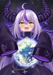 Rule 34 | 1girl, absurdres, ahoge, blush, braid, chain, coat, collar, commentary request, demon girl, demon horns, earth (planet), fangs, grey hair, hands up, highres, hololive, horns, kaigan, la+ darknesss, long hair, long sleeves, metal collar, multicolored hair, open mouth, planet, pointy ears, purple coat, purple hair, sidelocks, sleeves past fingers, sleeves past wrists, solo, streaked hair, striped horns, teeth, upper teeth only, very long hair, virtual youtuber, wide sleeves, yellow eyes