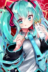 Rule 34 | 1girl, absurdres, aqua eyes, aqua hair, aqua necktie, cup, detached sleeves, food, hatsune miku, headset, highres, holding, holding cup, koyubisennti, long hair, looking at viewer, nail polish, necktie, pocky, pocky day, smile, tongue, tongue out, twintails, very long hair, vocaloid