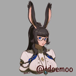Rule 34 | 1girl, animal ears, black hair, blue eyes, breasts, commentary, commissioner name, cropped torso, crystal, english commentary, final fantasy, final fantasy xiv, glasses, grey background, highres, jewelry, koffo-art, large breasts, long hair, necklace, pendant, ponytail, portrait, rabbit ears, semi-rimless eyewear, solo, twitter username, under-rim eyewear, viera, warrior of light (ff14)