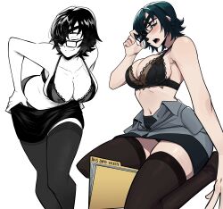 Rule 34 | 1girl, absurdres, aneurysm ax, bespectacled, black-framed eyewear, black bra, black hair, black skirt, bra, breasts, chainsaw man, closed eyes, eyepatch, folder, glasses, grey shirt, highres, himeno (chainsaw man), large breasts, looking at viewer, open mouth, partially undressed, rectangular eyewear, shirt, short hair, simple background, skirt, smile, thighhighs, underwear, undressing, white background