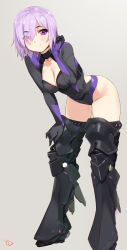 Rule 34 | 1girl, adjusting hair, armor, armored boots, artist name, black armor, black leotard, blush, boots, breasts, cleavage, cleavage cutout, clenched hand, closed mouth, clothing cutout, collarbone, commentary, covered collarbone, covered navel, eyes visible through hair, fate/grand order, fate (series), from side, full body, gloves, glowing, greaves, grey background, groin, hair over one eye, hand on own knee, hand on own thigh, hand up, highleg, highleg leotard, highres, hip vent, leaning forward, leotard, light purple hair, light smile, long sleeves, looking at viewer, mash kyrielight, mash kyrielight (ortenaus), medium breasts, neon trim, one eye covered, orthenaus, purple eyes, purple hair, short hair, signature, simple background, smile, solo, standing, thighhighs, thighs, turtleneck, yd (orange maru)