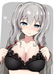 Rule 34 | 1girl, black bra, blue eyes, blush, bra, breasts, cleavage, collarbone, cum, cum on body, cum on breasts, cum on upper body, heart, highres, jacket, kantai collection, kashima (kancolle), large breasts, lingerie, long hair, looking at viewer, meta-tron, military jacket, seductive smile, sidelocks, silver hair, smile, solo, tsurime, twintails, underwear, upper body, wavy hair