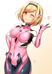 Rule 34 | 1girl, ;), blonde hair, blue hairband, breasts, breasts apart, cosplay, covered navel, djeeta (granblue fantasy), eburi a, gradient background, granblue fantasy, hairband, hand on own hip, heart, legs together, makinami mari illustrious, makinami mari illustrious (cosplay), medium breasts, neon genesis evangelion, one eye closed, plugsuit, shiny clothes, short hair, simple background, skin tight, smile, solo, spoken heart, standing, v, white background, yellow eyes