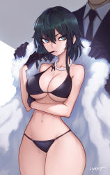 Rule 34 | 1boy, 1girl, arm across waist, bead necklace, beads, bikini, biting, black bikini, black gloves, black neckwear, blue eyes, breasts, cleavage, coat, collarbone, dark green hair, eyes visible through hair, formal, fubuki (one-punch man), fur coat, glove biting, glove pull, gloves, head out of frame, highres, jewelry, large breasts, liyart, looking at viewer, narrow waist, navel, necklace, necktie, one-punch man, short hair, solo focus, stomach, suit, swimsuit, thighs, underboob, wide hips