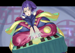 Rule 34 | 1girl, breast rest, breasts, capcom, card, cloak, covered erect nipples, female focus, gigantic breasts, glowing, green eyes, huge breasts, long hair, open mouth, purple hair, rose (street fighter), scarf, shibire hitsuji, solo, street fighter, table