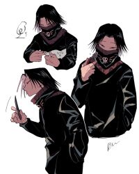 Rule 34 | 1boy, black hair, bun (game728hale396), collage, covered mouth, feet out of frame, feitan portor, from side, high collar, holding, holding knife, hunter x hunter, knife, long sleeves, male focus, multiple views, origami, short hair, skull print, togashi yoshihiro (style), torture instruments, translation request