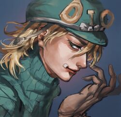 Rule 34 | 1boy, blonde hair, blue background, blue headwear, blue sweater, brown gloves, closed mouth, diego brando, gloves, gradient background, green eyes, hand up, jojo no kimyou na bouken, light smile, looking at viewer, male focus, short hair, simple background, solo, steel ball run, sweater, turtleneck, turtleneck sweater, upper body, user fsct5285