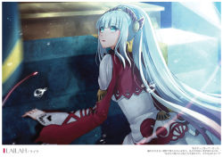 Rule 34 | 1girl, blurry, border, dress, floating hair, high ponytail, lailah (tales), long hair, long sleeves, monicanc, open mouth, silver hair, solo, stairs, tales of (series), tales of zestiria, very long hair, white border, white dress