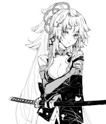 Rule 34 | 1girl, blush, breasts, cleavage, closed mouth, collarbone, cowboy shot, earrings, fate/grand order, fate/samurai remnant, fate (series), gloves, greyscale, holding, holding sword, holding weapon, japanese clothes, jewelry, katana, kishimen hair, long hair, looking at viewer, mo (aabx315), monochrome, open clothes, partially fingerless gloves, ponytail, sheath, sheathed, sidelocks, simple background, solo, sword, very long hair, weapon, yui shousetsu (fate), yui shousetsu (third ascension) (fate)