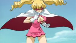 Rule 34 | 00s, 1girl, blonde hair, breasts, cape, cleavage, cleavage cutout, clothing cutout, cloud, cloudy sky, dress, drill hair, female focus, gloves, hidden eyes, kirameki project, large breasts, lipstick, long hair, makeup, nene (kirameki project), pink dress, screencap, sky, smirk, solo, twintails, white cape, white gloves