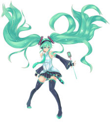 Rule 34 | 1girl, boots, detached sleeves, fingerless gloves, floating hair, gloves, green eyes, green hair, hatsune miku, headset, kuga zankurou, long hair, matching hair/eyes, microphone, necktie, simple background, skirt, smile, solo, thigh boots, thighhighs, twintails, very long hair, vocaloid, wand, white background