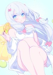 Rule 34 | 1girl, amejaga, bikini, blue background, blue eyes, blush, bow, breasts, closed mouth, commentary, english commentary, eromanga sensei, feet out of frame, food, hair between eyes, hair bow, highres, holding, holding food, ice cream, izumi sagiri, long hair, long sleeves, looking at viewer, off shoulder, open clothes, open shirt, pink bow, puffy long sleeves, puffy sleeves, shirt, small breasts, solo, swimsuit, very long hair, white bikini, white hair, white shirt
