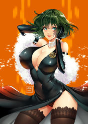Rule 34 | 1girl, 2021, absurdres, arms up, bare shoulders, blue eyes, blush, breasts, cleavage, closed mouth, covered erect nipples, covered navel, cowboy shot, dress, elbow gloves, female focus, floating hair, fubuki (one-punch man), fur trim, gloves, green dress, green hair, groin, highres, huge breasts, jewelry, legs, lenadai, light blush, lipstick, looking at viewer, makeup, necklace, nose blush, one-punch man, orange background, panties, panty peek, pantyshot, pearl necklace, red lips, short hair, side slit, simple background, smile, solo, standing, thighhighs, thighs, underwear