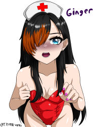 Rule 34 | absurdres, black hair, blue eyes, blush, breasts, cleavage, collarbone, cpt.tester works, ear piercing, earrings, fingernails, ginger (cpt.tester), hair over one eye, hat, highres, jewelry, leotard, long bangs, looking at viewer, multicolored hair, nail polish, nurse, nurse cap, open mouth, orange hair, pale skin, petite, piercing, playboy bunny, red leotard, sleeveless, small breasts, strapless, strapless leotard, thigh gap, thighs