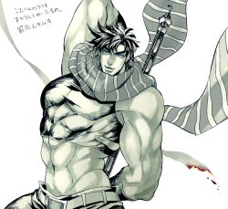 Rule 34 | 1boy, abs, bara, battle tendency, biceps, blue eyes, burning clothes, crop top, hammer, holding, holding behind back, jojo no kimyou na bouken, joseph joestar, joseph joestar (young), large pectorals, looking at viewer, midriff, muscular, muscular male, pectorals, scarf, sledgehammer, smile, solo, spot color, striped clothes, striped scarf, sujiko (125motimoti)