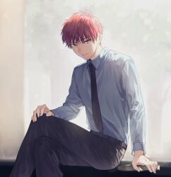 Rule 34 | 1boy, akashi seijuurou, arm support, black necktie, black pants, book, collared shirt, crossed legs, feet out of frame, hand on own knee, kuroko no basuke, long sleeves, looking at viewer, male focus, necktie, pants, parted lips, pon52io, red eyes, red hair, shirt, white shirt