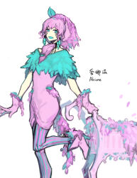 Rule 34 | 1other, alriune, ascot, bench, blue capelet, boots, capelet, dress, earrings, flower, gloves, hair flower, hair ornament, high heel boots, high heels, jewelry, leaf, lobotomy corporation, looking at viewer, nishikujic, pantyhose, personification, pink ascot, pink dress, pink flower, pink footwear, pink gloves, pink hair, pink pantyhose, project moon, simple background, solo, standing, standing on one leg, striped clothes, striped pantyhose, white background