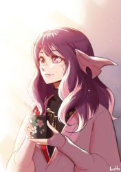 Rule 34 | 1girl, au ra, brown eyes, closed mouth, commission, final fantasy, final fantasy xiv, freckles, heterochromia, holding, horns, jacket, jewelry, long hair, long sleeves, lutherniel, necklace, pink eyes, pink jacket, pink lips, purple hair, smile, solo, upper body, warrior of light (ff14)