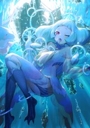 Rule 34 | 1girl, :o, absurdres, blue dress, blush, bracelet, check copyright, copyright request, dolphin, dress, fewer digits, floating hair, grey hair, halo, highres, jewelry, looking at viewer, nemoto yuuma, one eye closed, open mouth, original, solo, underwater, waist cutout, webbed feet, yawning
