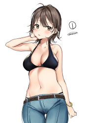 Rule 34 | 1girl, bad id, bad pixiv id, bare shoulders, bikini, bikini top only, black bikini, black hair, blush, bracelet, breasts, brown eyes, cleavage, collarbone, denim, dr poapo, jeans, jewelry, large breasts, navel, open mouth, original, pants, short hair, signature, simple background, solo, swimsuit, white background