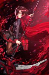Rule 34 | 1girl, boots, breasts, brown pantyhose, cape, cross-laced footwear, full body, gothic lolita, gradient background, grey eyes, hood, huge weapon, lace-up boots, lolita fashion, pantyhose, ruby rose, rwby, scythe, short hair, solo, thighhighs, weapon