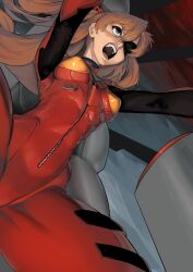 Rule 34 | 1girl, blue eyes, bodysuit, breasts, cockpit, curvy, entry plug, evangelion: 3.0 you can (not) redo, eyepatch, from below, highres, interface headset, long hair, medium breasts, multicolored bodysuit, multicolored clothes, narrow waist, neon genesis evangelion, open mouth, orange hair, pilot suit, piloting, plugsuit, rebuild of evangelion, red bodysuit, science fiction, serious, shiny clothes, sitting, solo, souryuu asuka langley, unizama, vehicle interior, very long hair, wide hips