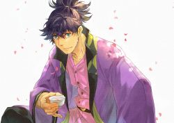 Rule 34 | 1boy, absurdres, alcohol, black hair, blue eyes, choko (cup), coat, cup, facial hair, falling petals, highres, long hair, looking at viewer, male focus, petals, ponytail, purple coat, raven (tales), sake, sitting, smile, solo, stubble, tales of (series), tales of vesperia, tan, tchan320, traditional media, white background