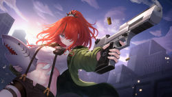Rule 34 | 1girl, bandeau, black hair, black shorts, breasts, cloud, commentary request, cowboy shot, green jacket, gun, hair over one eye, handgun, highres, holding, holding gun, holding stuffed toy, holding weapon, jacket, lain paterson, lain paterson (1st costume), large breasts, long hair, long sleeves, looking at viewer, multicolored hair, nijisanji, open clothes, open jacket, outdoors, pistol, ponytail, pouch, purple eyes, red hair, short shorts, shorts, shumeia, smile, solo, standing, strapless, streaked hair, stuffed animal, stuffed shark, stuffed toy, suspenders, thigh strap, tube top, virtual youtuber, weapon