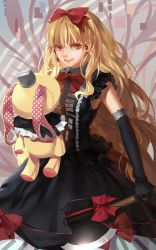 Rule 34 | 1girl, axe, bad id, bad pixiv id, blonde hair, bow, doll, elbow gloves, gloves, highres, lightofheaven, long hair, mayu (vocaloid), solo, stuffed animal, stuffed rabbit, stuffed toy, usano mimi, very long hair, vocaloid, weapon, yellow eyes