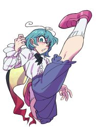 Rule 34 | 1girl, absurdres, antennae, blue shorts, blush, broken leg, cape, collared shirt, eddybird55555, frilled sleeves, frills, green eyes, green hair, highres, imperishable night, legs up, long sleeves, non-web source, open mouth, pointy ears, puffy pants, red footwear, shirt, short hair, shorts, socks, solo, touhou, white background, white shirt, white socks, wriggle nightbug