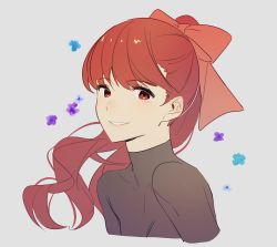 Rule 34 | 1girl, black bodysuit, bodysuit, bow, cropped torso, floating hair, grey background, grin, hair bow, highres, lips, long hair, looking at viewer, orange bow, persona, persona 5, persona 5 the royal, pink lips, ponytail, red eyes, red hair, simple background, smile, solo, teeth, yoshizawa kasumi, yuhi (hssh 6)
