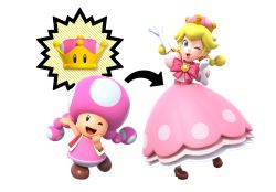Rule 34 | 1girl, 3d, blonde hair, brown footwear, crown, dress, full body, gloves, grey eyes, highres, mario (series), new super mario bros. u deluxe, nintendo, official art, peachette, pink dress, short twintails, super crown, toadette, transformation, transparent background, twintails, white gloves