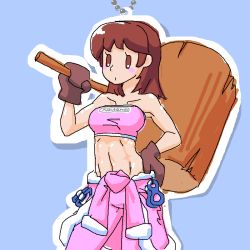 Rule 34 | 1girl, alternate breast size, artist name, blue background, blush stickers, breasts, brown eyes, brown hair, chain, clothes around waist, commentary, eyelashes, gloves, hand on own hip, ice climber, mallet, minuspal, mittens, nana (ice climber), nintendo, simple background, solo