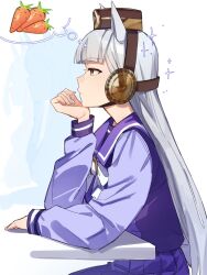 Rule 34 | 3girls, animal ears, blush, brown headwear, character request, closed mouth, commentary request, ear covers, faceless, faceless female, from side, gold ship (umamusume), grey hair, hand up, hat, highres, horse ears, jenshenya, long hair, long sleeves, mini hat, multiple girls, pleated skirt, profile, puffy long sleeves, puffy sleeves, purple shirt, purple skirt, red eyes, school uniform, shirt, simple background, sitting, skirt, solo focus, sparkle, spoken food, table, thought bubble, tracen school uniform, umamusume, very long hair, white background