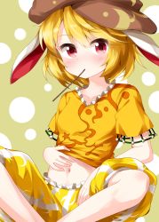 Rule 34 | 1girl, animal ears, blonde hair, blush, breasts, brown hat, collarbone, commentary request, crop top, feet out of frame, flat cap, hair between eyes, hat, highres, indian style, looking at viewer, midriff, mouth hold, navel, orange shirt, rabbit ears, red eyes, ringo (touhou), ruu (tksymkw), shirt, short hair, short sleeves, shorts, sitting, small breasts, solo, touhou, yellow background, yellow shorts